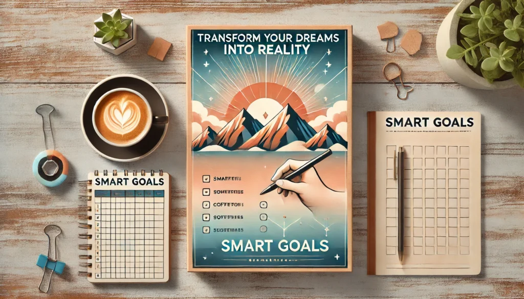 DALL·E 2024 12 14 22.44.45 A rectangular image illustrating the concept of personal goal planning. The design features a calm and inspiring background such as a sunrise or moun