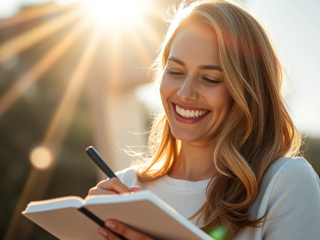 uma mulher sorrindo enquanto escreve em um diario com raios