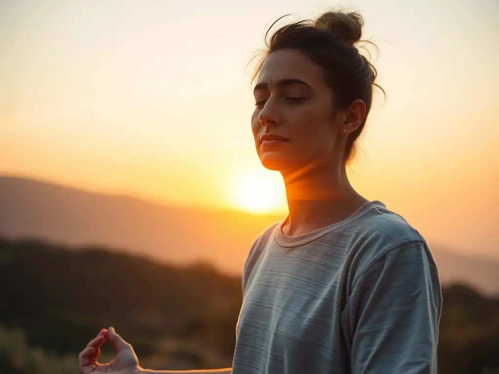 uma pessoa meditando ao nascer do sol transmitindo calma e